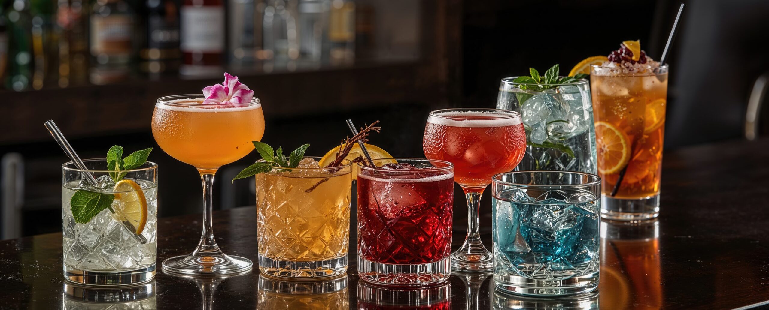 colorful cocktails on a bar counter with various ingredients and garnishes, showcasing a variety of drinks for social and leisure occasions.